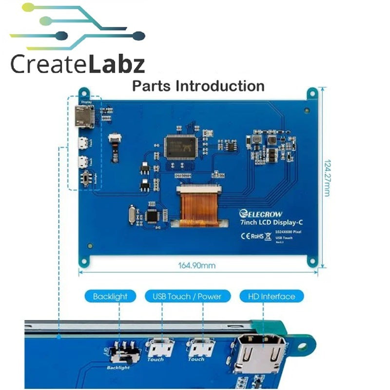 Elecrow RC070 7 inch 1024*600 LCD Display with IPS Touch Screen| Compatible with Windows/Raspberry Pi