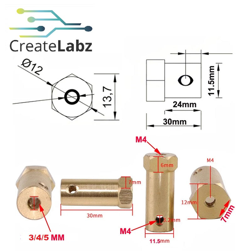 Extended Hexagon Coupling 30mm Length for Motor Shaft